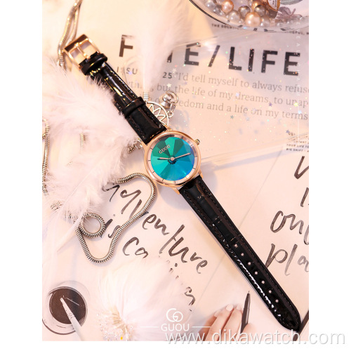 6034 GUOU Colorful Dial Waterproof Wristwatches Green Watch Band Stainless Steel And White Collar Female Watches